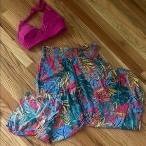 Vibrant Pink Bikini Top with Tropical Pant Set